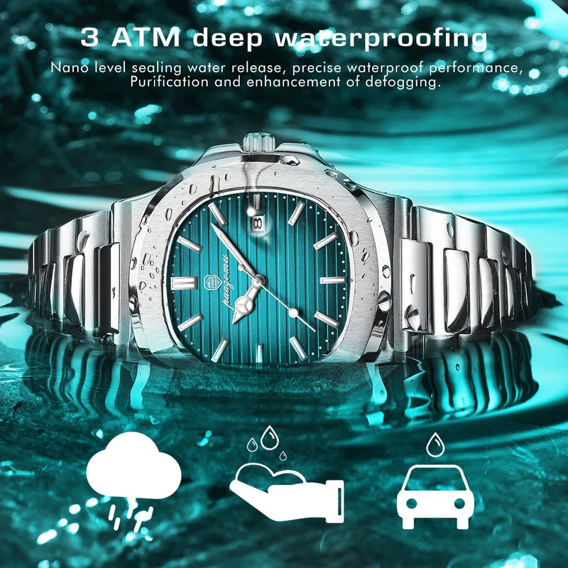 2024 New PENGAGAR Luxury Watch Business Waterproof Male Clock Luminous Date Stainless Steel Square Quartz Men Watch reloj hombre